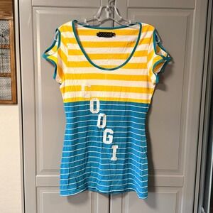 COOGI Women's Y2K Striped Embroidered Logo Cold Shoulder T-Shirt, Blue Yellow, L